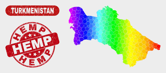 Spectral dot Turkmenistan map and rubber prints. Red round Hemp textured seal stamp. Gradient spectral Turkmenistan map mosaic of random small spheres. Hemp stamp with grunged texture.