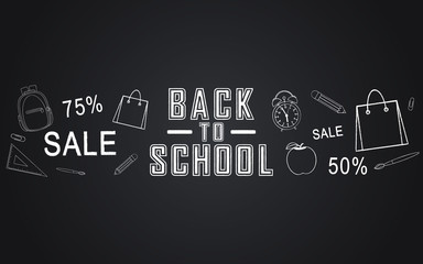 Back to school sale vector banner design with elements of school bag, shopping bag, apple, ruler, paint brush, clock, paper clip, pencil in black chalk board background. 