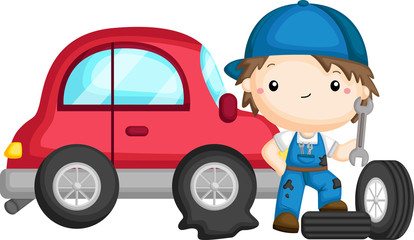 a vector of a guy fixing a tire