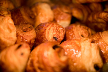 Croissants in the showcase at the bakery.