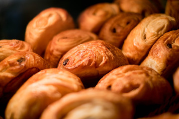 Croissants in the showcase at the bakery.