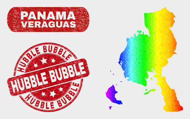 Spectrum dotted Veraguas Province map and seal stamps. Red rounded Hubble Bubble scratched seal stamp. Gradiented spectrum Veraguas Province map mosaic of random circle elements.