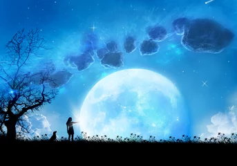 Abstraktes Kunstwerk einer jungen Frau mit ihrem Hund, der nach dem Mond greift © MoVille