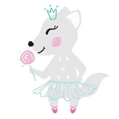 Obraz na płótnie Canvas Wolf baby girl cute summer print. Sweet she-wolf Sweet bear with sweet lollipop, ballet tutu.