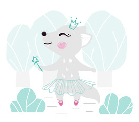 Wolf baby girl cute print. Sweet she-wolf with magic wand, crown, ballet tutu, pointe shoes in forest © Vasileva