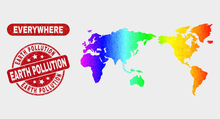 Rainbow colored dot world map and watermarks. Red round Earth Pollution grunge seal stamp. Gradient rainbow colored world map mosaic of random circle. Earth Pollution stamp with grunge surface.