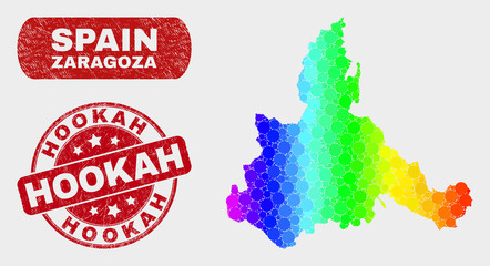 Spectral dotted Zaragoza Province map and stamps. Red round Hookah scratched stamp. Gradient spectral Zaragoza Province map mosaic of scattered small circles. Hookah stamp with scratched texture.