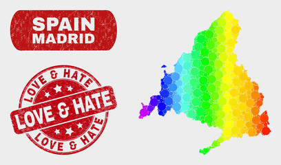 Spectrum dotted Madrid Province map and stamps. Red round Love & Hate distress seal stamp. Gradiented spectral Madrid Province map mosaic of scattered round elements.