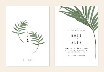 Minimalist botanical wedding invitation card template design, couple of green bamboo palm leaves on white