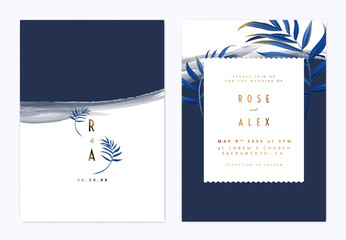 Minimalist botanical wedding invitation card template design, blue bamboo palm leaves on dark blue, watercolor painting