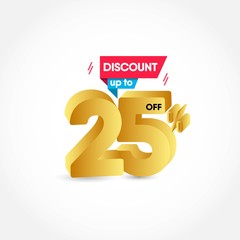 25 gold 3d discount vector template. Design for advertising, greeting card, banner or print.