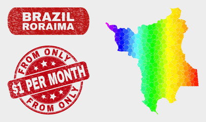 Rainbow colored dotted Roraima State map and seal stamps. Red rounded From Only $1 Per Month textured seal. Gradiented rainbow colored Roraima State map mosaic of scattered round elements.
