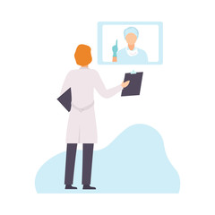 Two Male Doctors in Uniform Communicating and Discussing Health Care Onliine, Healthcare Diagnostic, Medical Treatment, People Communicating Via Internet Vector Illustration