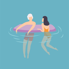 Young Couple Floating on Air Mattress, Young Man and Woman Relaxing in the Sea, Ocean or Swimming Pool at Summer Vacation Vector Illustration