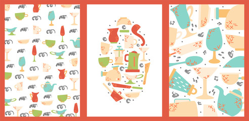 Fototapeta na wymiar Set of hand drawn cards with kitchen appliances. Cooking vector illustrations.