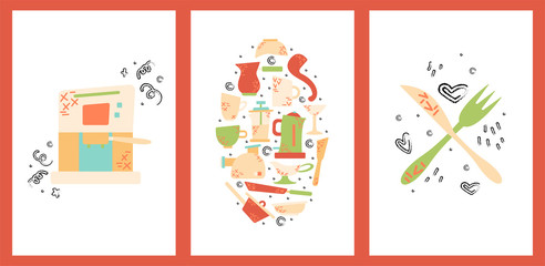 Set of hand drawn cards with kitchen appliances. Cooking vector illustrations.