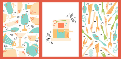 Set of hand drawn cards with kitchen appliances. Cooking vector illustrations.