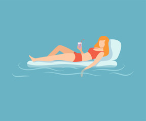Young Beautiful Woman Floating on Air Mattress, Woman Relaxing in the Sea, Ocean or Swimming Pool at Summer Vacation Vector Illustration