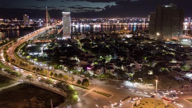 Aerial Of Rush Hour In A Modern City At Night, Hyper Lapse