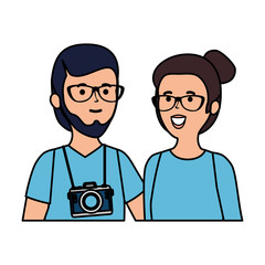 young tourists couple with camera photographic