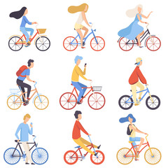 People Riding Bicycles Set, Cycling Men and Women Exercising, Relaxing or Going to Work Vector Illustration