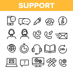 Client Support Vector Thin Line Icons Set. Customer Support, Helpline, Helpdesk Consultants Linear Pictograms. 24h Call Center Workers, Mobile App, Settings Notifications, Email Contour Illustrations