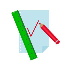 A ruler, a red pencil and a piece of paper on a white background. Vector illustration