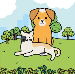 Obraz na płótnie Canvas cute cat and dog mascots in the landscape