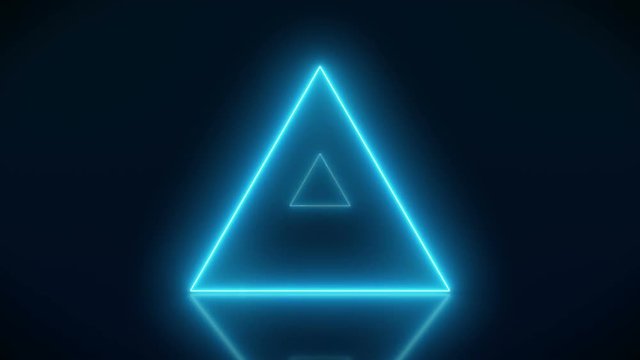 Video animation of glowing neon triangle in blue on reflecting floor. - Abstract background - laser show
