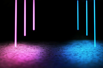 glowing purple and blue neon with concentrate floor and brick wall