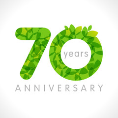 70 th anniversary numbers. 70 years old logotype. Age congrats, congratulation idea with leaves. Isolated abstract graphic design template. Herbal digits, up to 70% percent off discount. Eco label. © koltukovs