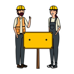 young couple mechanics workers with label