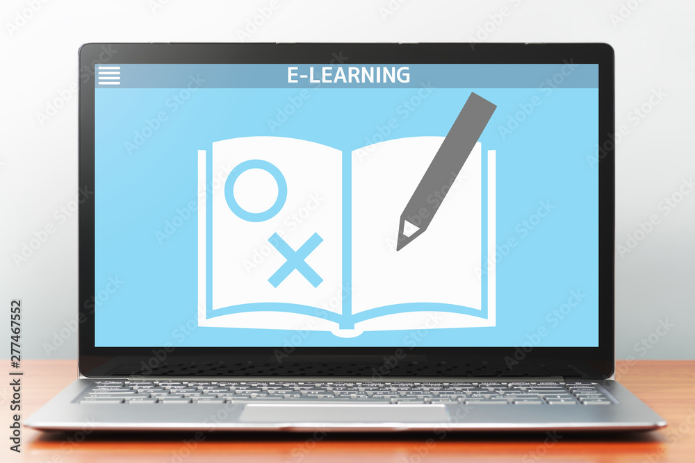 Aufkleber E-learning concept image. Laptop computer on wooden desk. Application of problems collection on screen. Front view image.