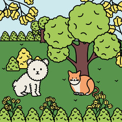 cute cat and dog mascots in the landscape