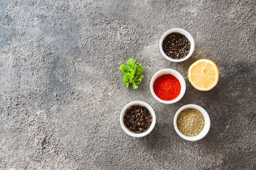 Variety of ground spices. Top view and copy space.