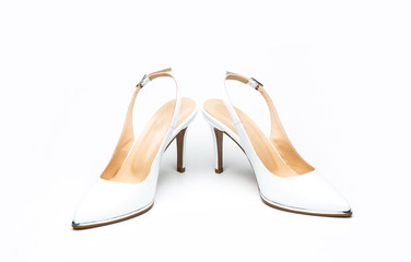 White high heel women shoes on white background. White shoe for women. Beauty and fashion concept....