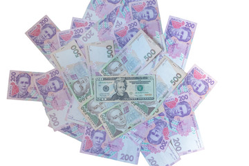 American twenty dollars banknote and ukrainian hryvnas. Corruption in Ukraine.