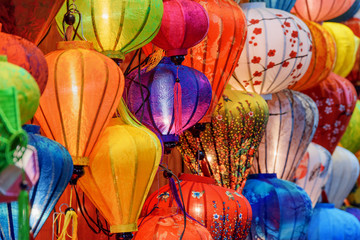 Gorgeous view of traditional colorful silk lanterns in Hoi An