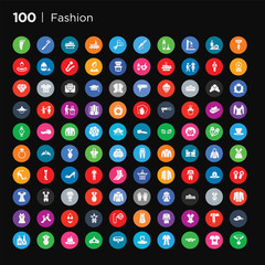100 round colorful fashion vector icons set such as hair dye, summer hat with a flower, wool scarf, swimwear, coat with pockets, summer dress, monocle, star medal