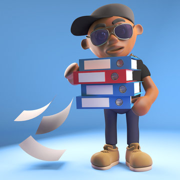Black hiphop rapper in baseball drops files from his folders, 3d illustration