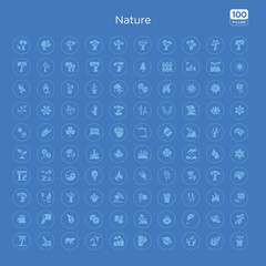 100 blue round nature vector icons set such as chestnut oak tree, flower therapy, leaf and drop, essence, deforestation, forest fire, japanese,  .