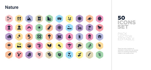 50 nature vector icons set in a colorful hexagon buttons