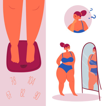 Self confidence. Fashion plus size body positive woman on scales in front of the mirror. Different weight is good, love yourself. People beauty, fat and weight acceptance movement. Vector flat