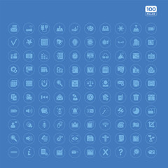 100 blue round ui vector icons set such as two chat bubbles, check box with cursor, list layout with check boxes, cross, floppy disk save button, eye close up visibility button, settings cogwheel