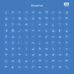 100 blue round weather vector icons set such as snow fall, wind swirls, thunderstorm clouds, wind lines, cloud and rain, sun hidden by clouds, sun hidden partially, rising temperatures.