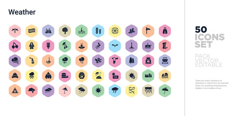50 weather vector icons set in a colorful hexagon buttons
