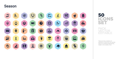 50 season vector icons set in a colorful hexagon buttons