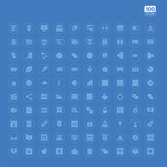 100 blue round web vector icons set such as circular graphic, darkness, land, world web, tab, grid on, sliders, news.