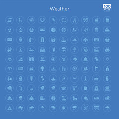 100 blue round weather vector icons set such as flood, sea level, ultraviolet, ante meridiem, cosmos, jam, blanket, sweater.