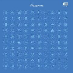100 blue round weapons vector icons set such as 2 katanas, japanese shuriken, katana with handle, two katanas, japanese nunchaku, revolvers, brass knuckles, battle.